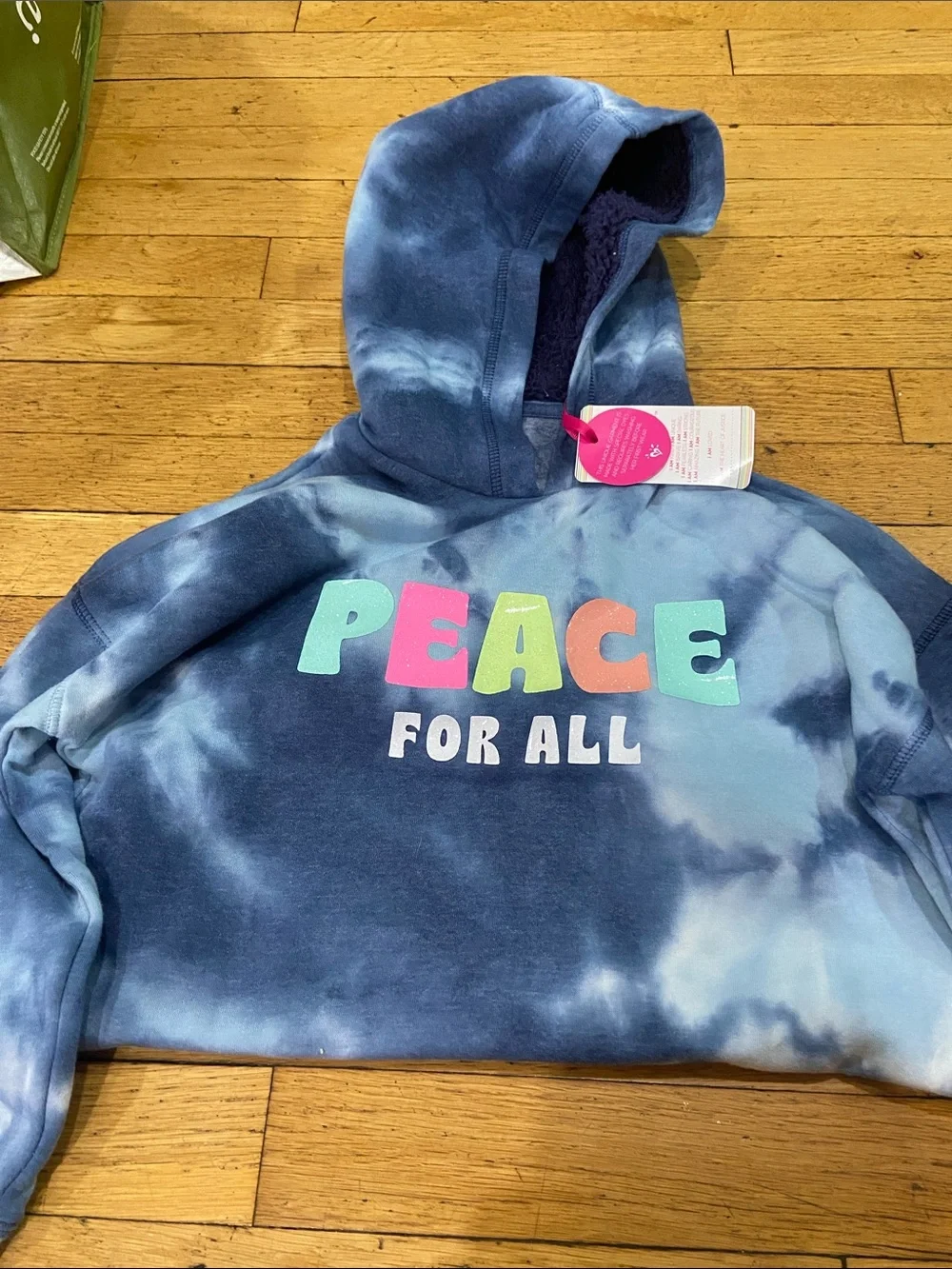 Justice Blue Tie-Dye Hooded Sweatshirt with Multicolor PEACE Graphic